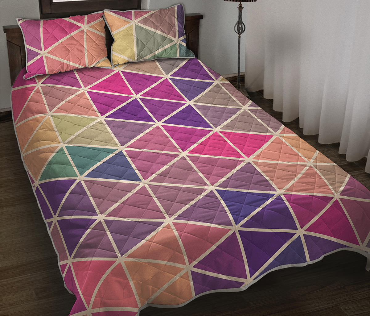Pastel Geometric Shape Pattern Print Quilt Bed Set