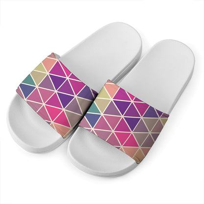 Pastel Geometric Shape Pattern Print White Slide Sandals