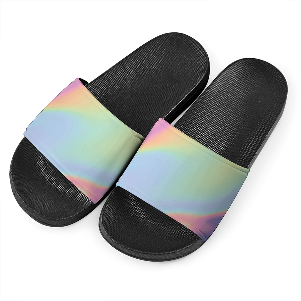 Pastel Holographic Print Black Slide Sandals