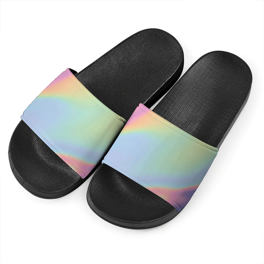 Pastel Holographic Print Black Slide Sandals