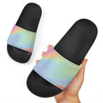 Pastel Holographic Print Black Slide Sandals