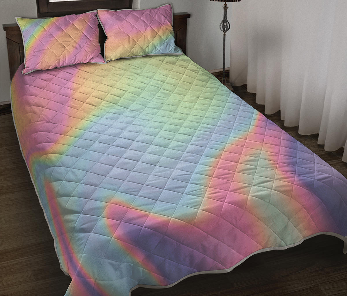 Pastel Holographic Print Quilt Bed Set