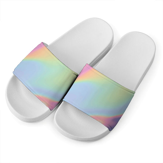 Pastel Holographic Print White Slide Sandals