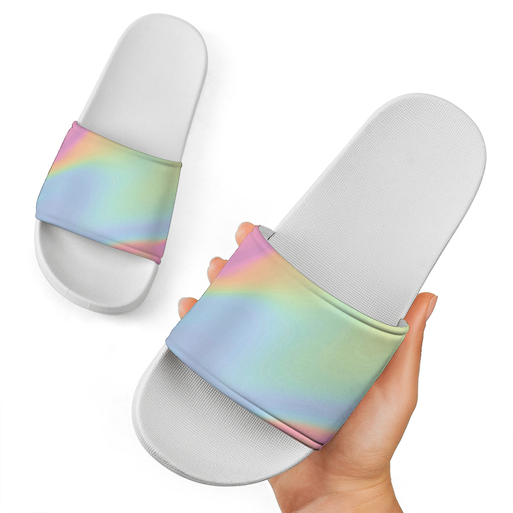 Pastel Holographic Print White Slide Sandals