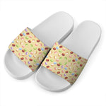 Pastel Macaron Pattern Print White Slide Sandals