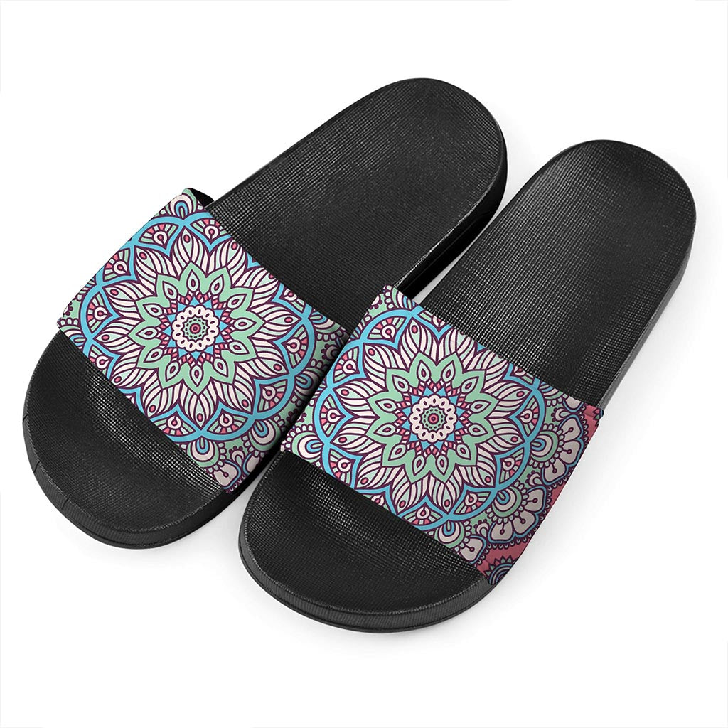 Pastel Mandala Bohemian Pattern Print Black Slide Sandals