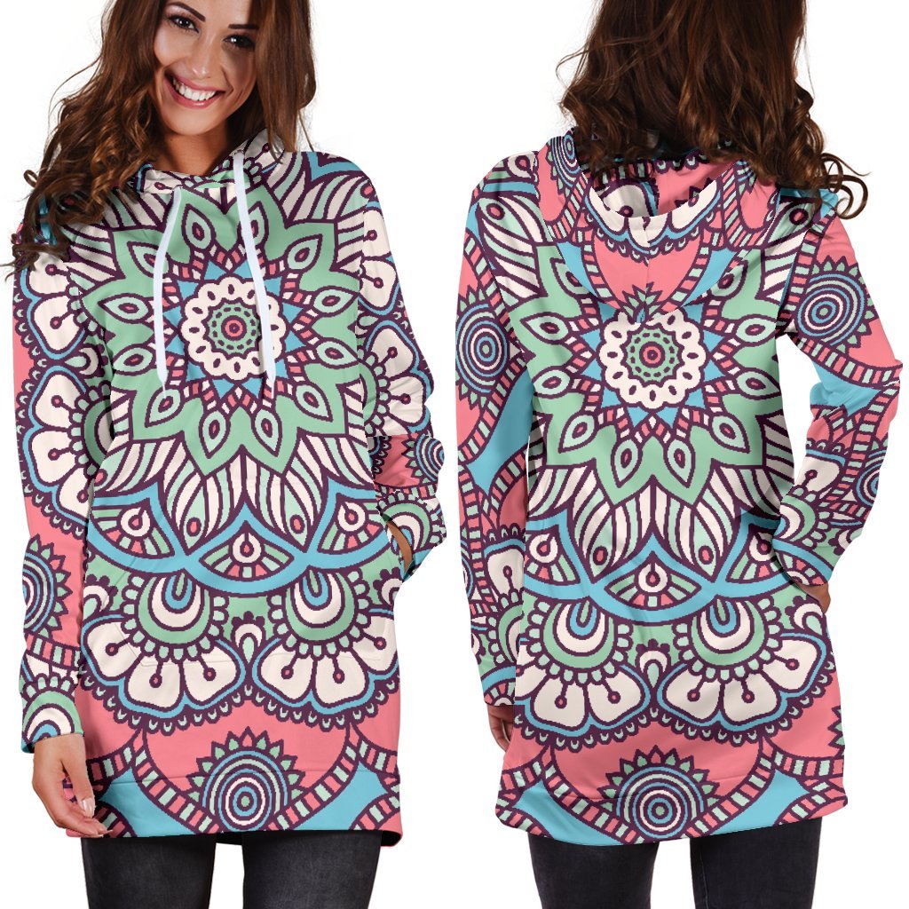 Pastel Mandala Bohemian Pattern Print Hoodie Dress GearFrost