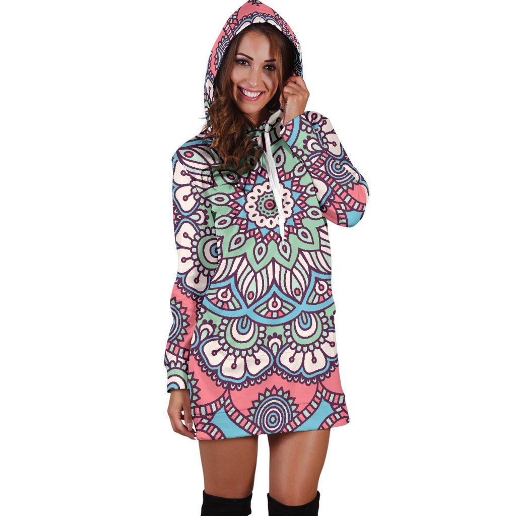 Pastel Mandala Bohemian Pattern Print Hoodie Dress GearFrost