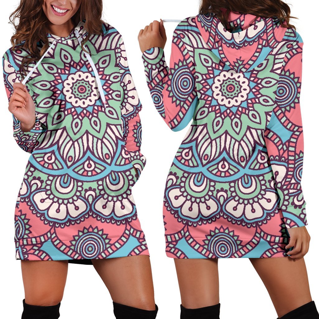 Pastel Mandala Bohemian Pattern Print Hoodie Dress GearFrost