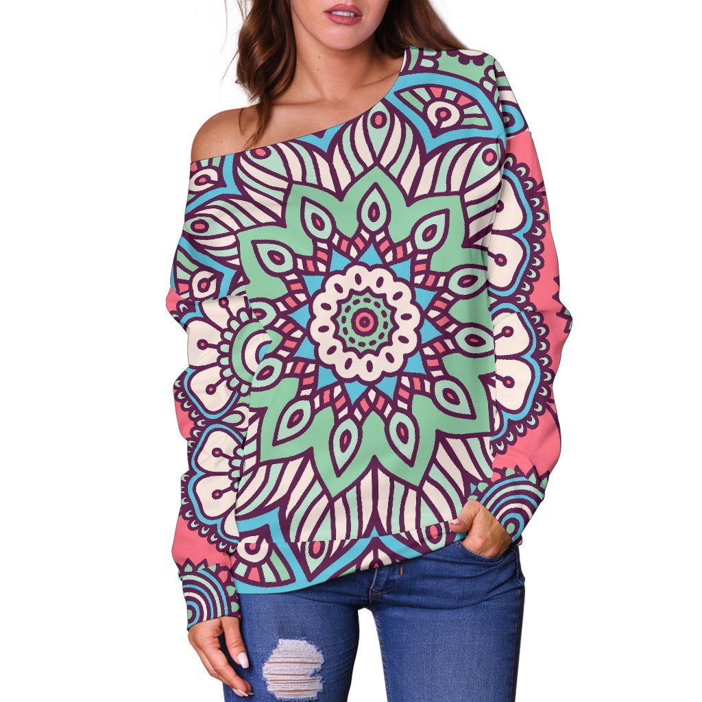 Pastel Mandala Bohemian Pattern Print Off Shoulder Sweatshirt GearFrost