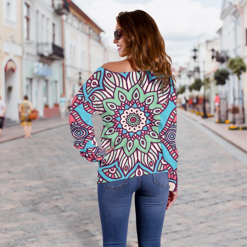 Pastel Mandala Bohemian Pattern Print Off Shoulder Sweatshirt GearFrost