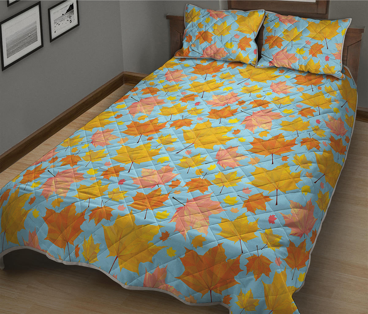 Pastel Maple Leaves Pattern Print Quilt Bed Set