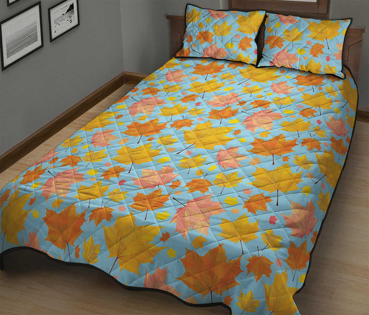 Pastel Maple Leaves Pattern Print Quilt Bed Set