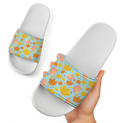Pastel Maple Leaves Pattern Print White Slide Sandals