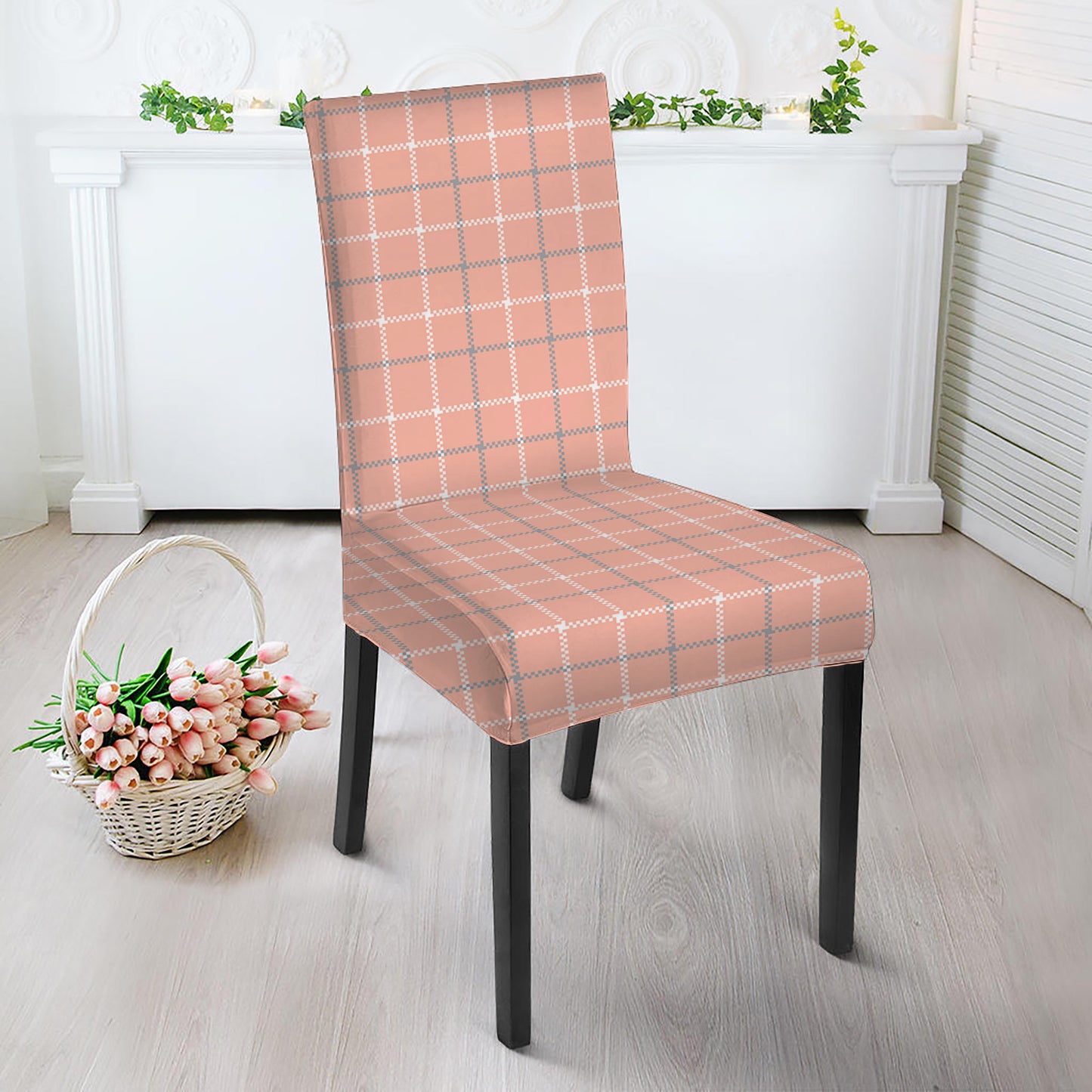 Pastel Orange Tattersall Pattern Print Dining Chair Slipcover