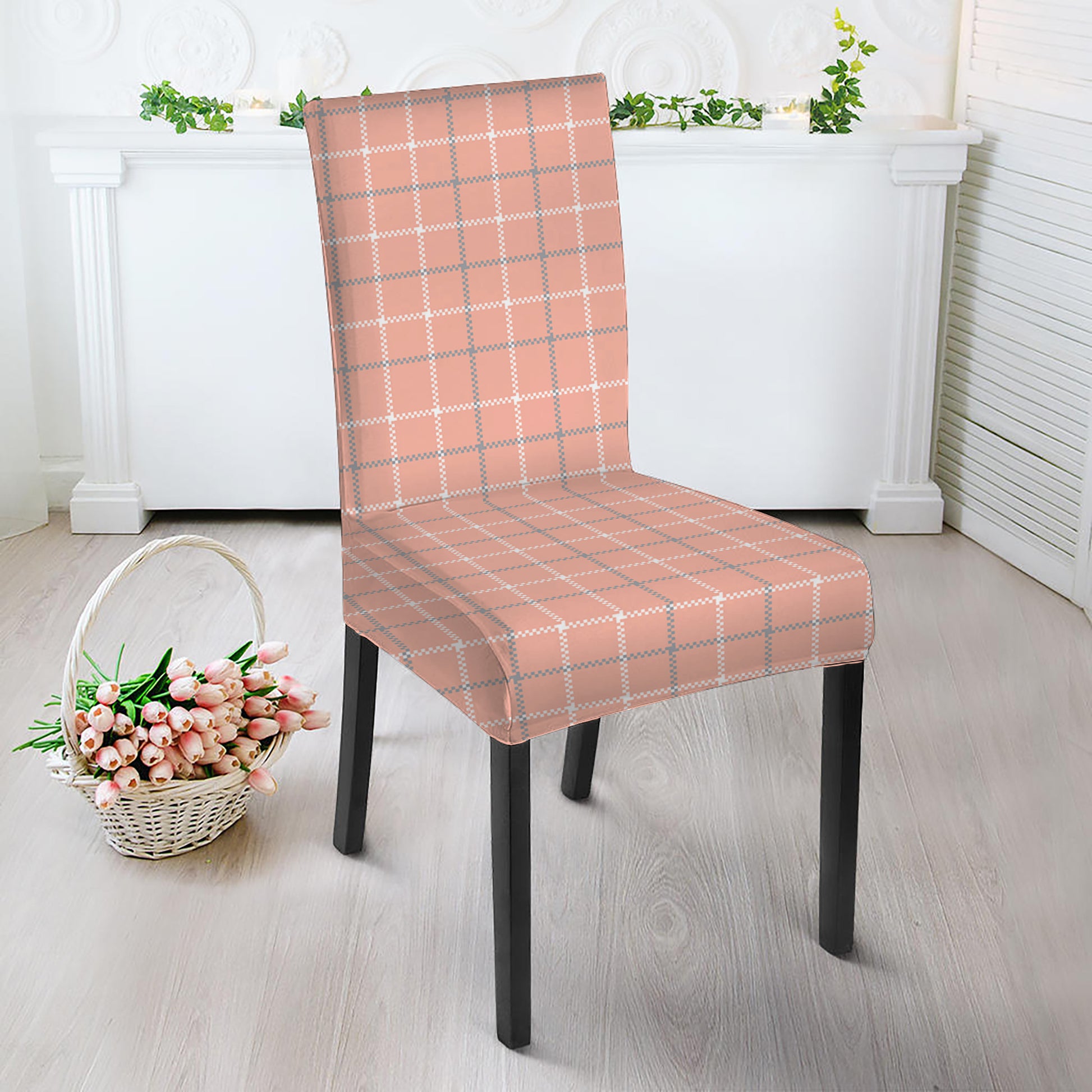 Pastel Orange Tattersall Pattern Print Dining Chair Slipcover