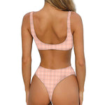 Pastel Orange Tattersall Pattern Print Front Bow Tie Bikini