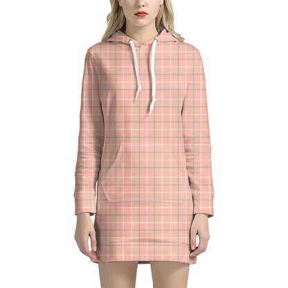 Pastel Orange Tattersall Pattern Print Hoodie Dress