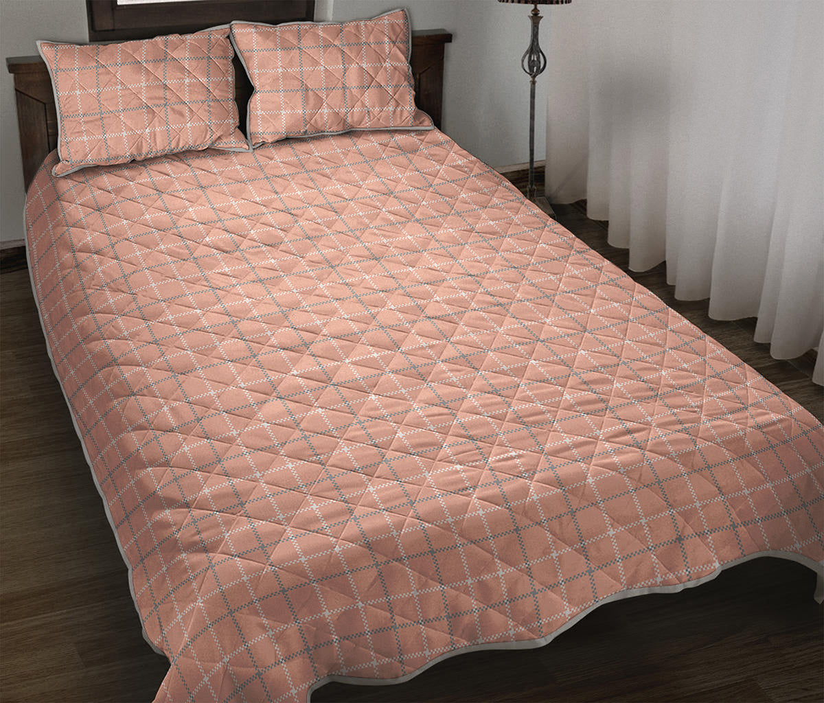 Pastel Orange Tattersall Pattern Print Quilt Bed Set