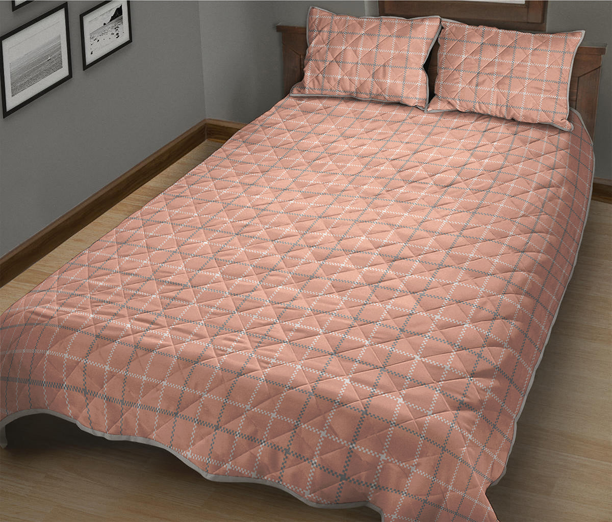 Pastel Orange Tattersall Pattern Print Quilt Bed Set