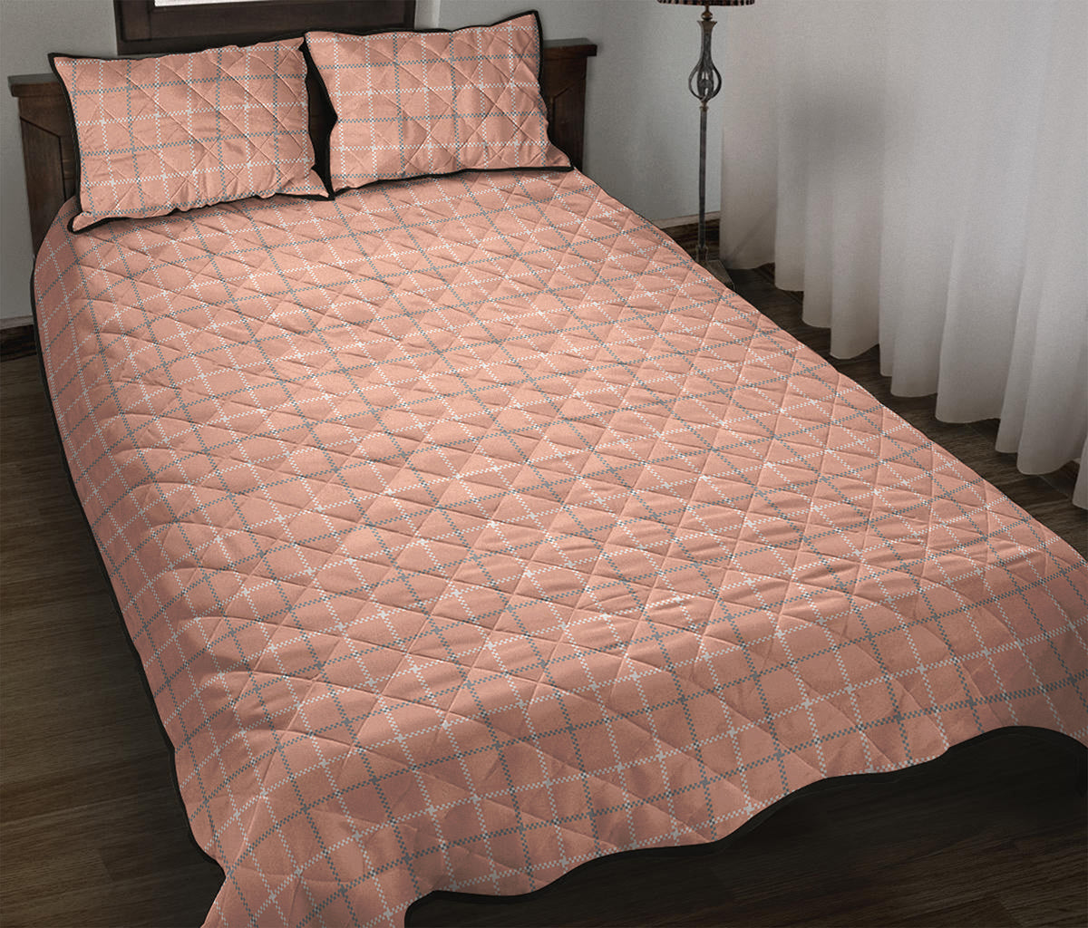 Pastel Orange Tattersall Pattern Print Quilt Bed Set