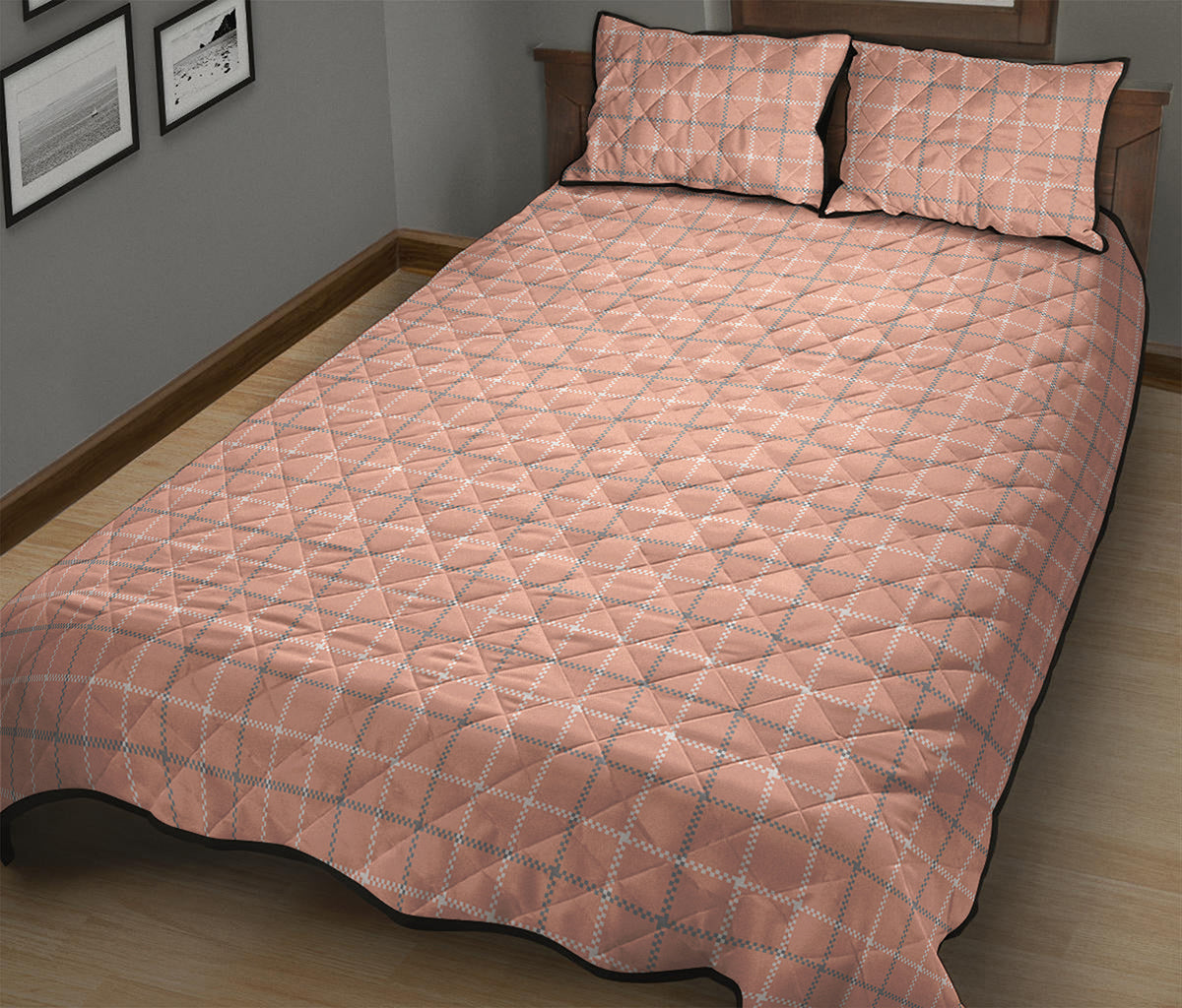 Pastel Orange Tattersall Pattern Print Quilt Bed Set