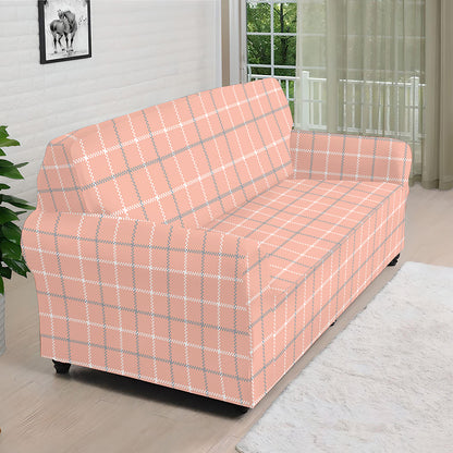 Pastel Orange Tattersall Pattern Print Sofa Cover