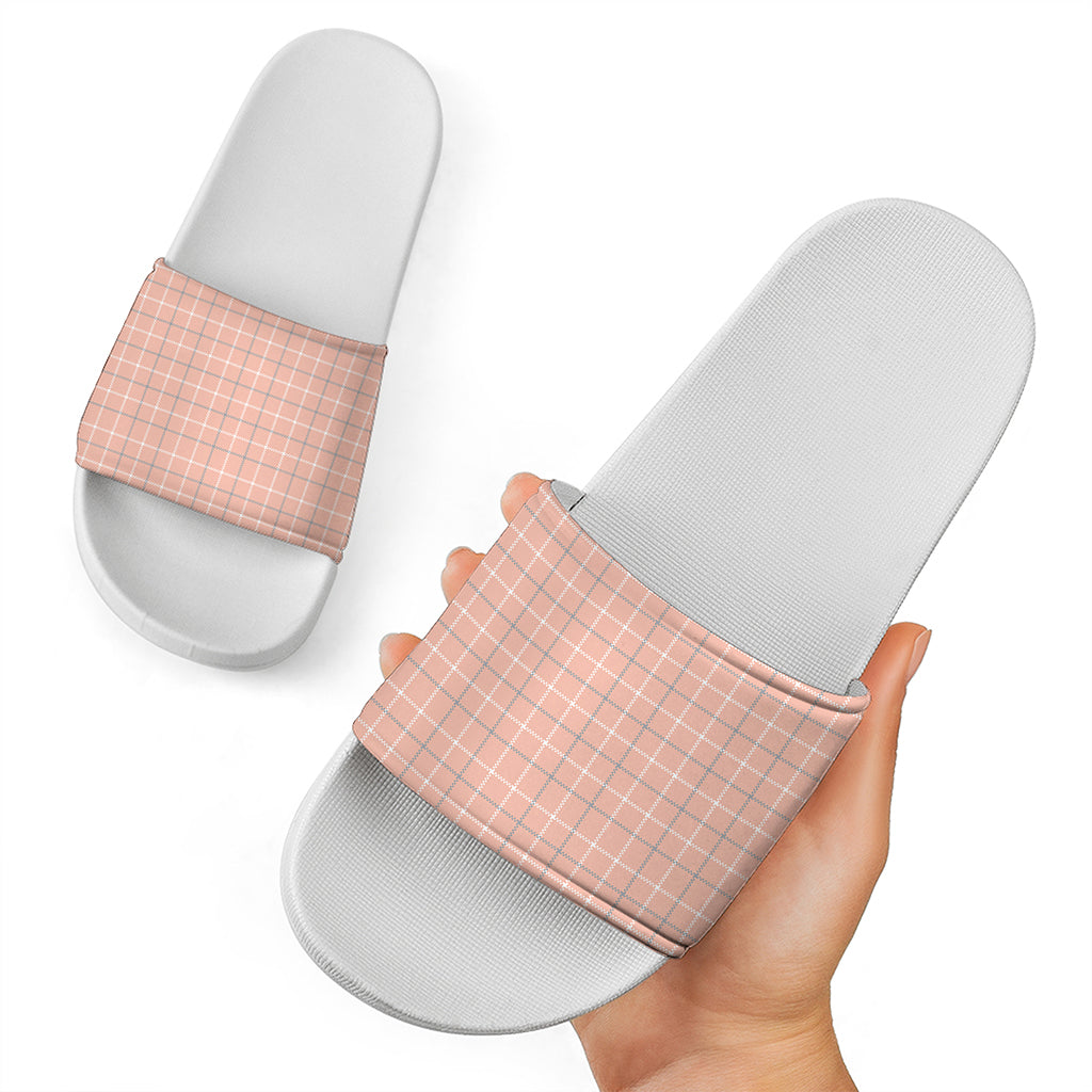 Pastel Orange Tattersall Pattern Print White Slide Sandals