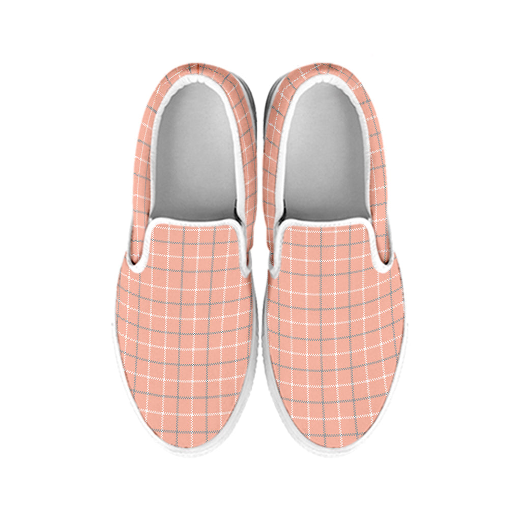 Pastel Orange Tattersall Pattern Print White Slip On Shoes