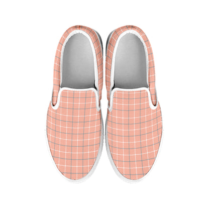 Pastel Orange Tattersall Pattern Print White Slip On Shoes