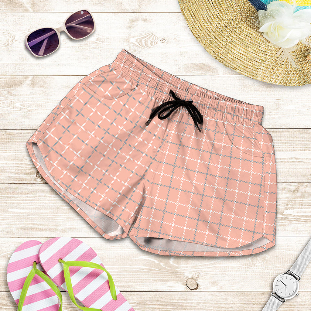 Pastel Orange Tattersall Pattern Print Women's Shorts