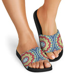 Pastel Ornament Mandala Print Black Slide Sandals