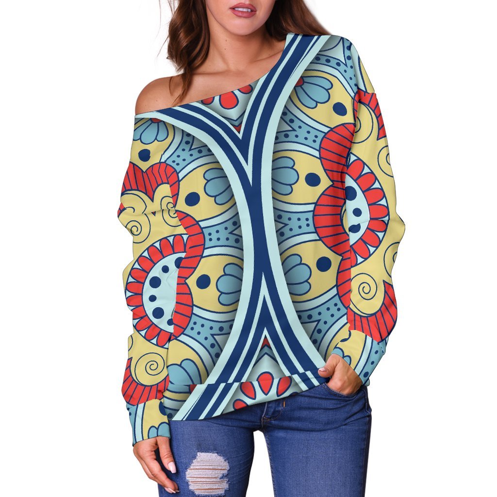 Pastel Ornament Mandala Print Off Shoulder Sweatshirt GearFrost