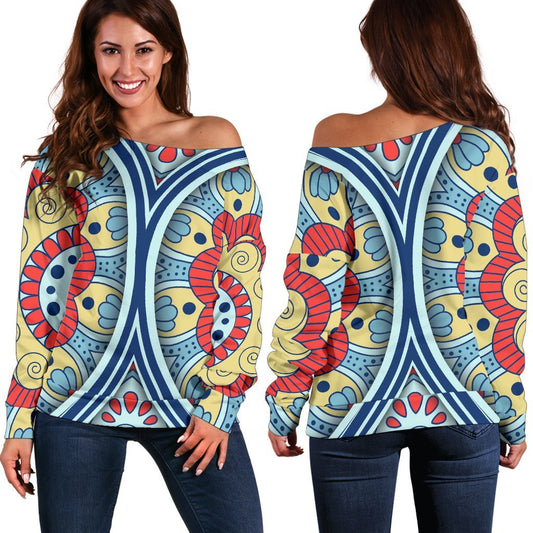 Pastel Ornament Mandala Print Off Shoulder Sweatshirt GearFrost