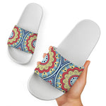 Pastel Ornament Mandala Print White Slide Sandals