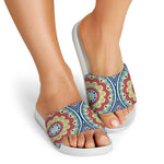 Pastel Ornament Mandala Print White Slide Sandals