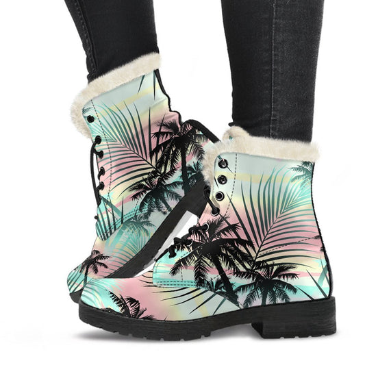 Pastel Palm Tree Pattern Print Comfy Boots GearFrost