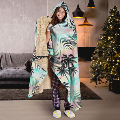 Pastel Palm Tree Pattern Print Hooded Blanket