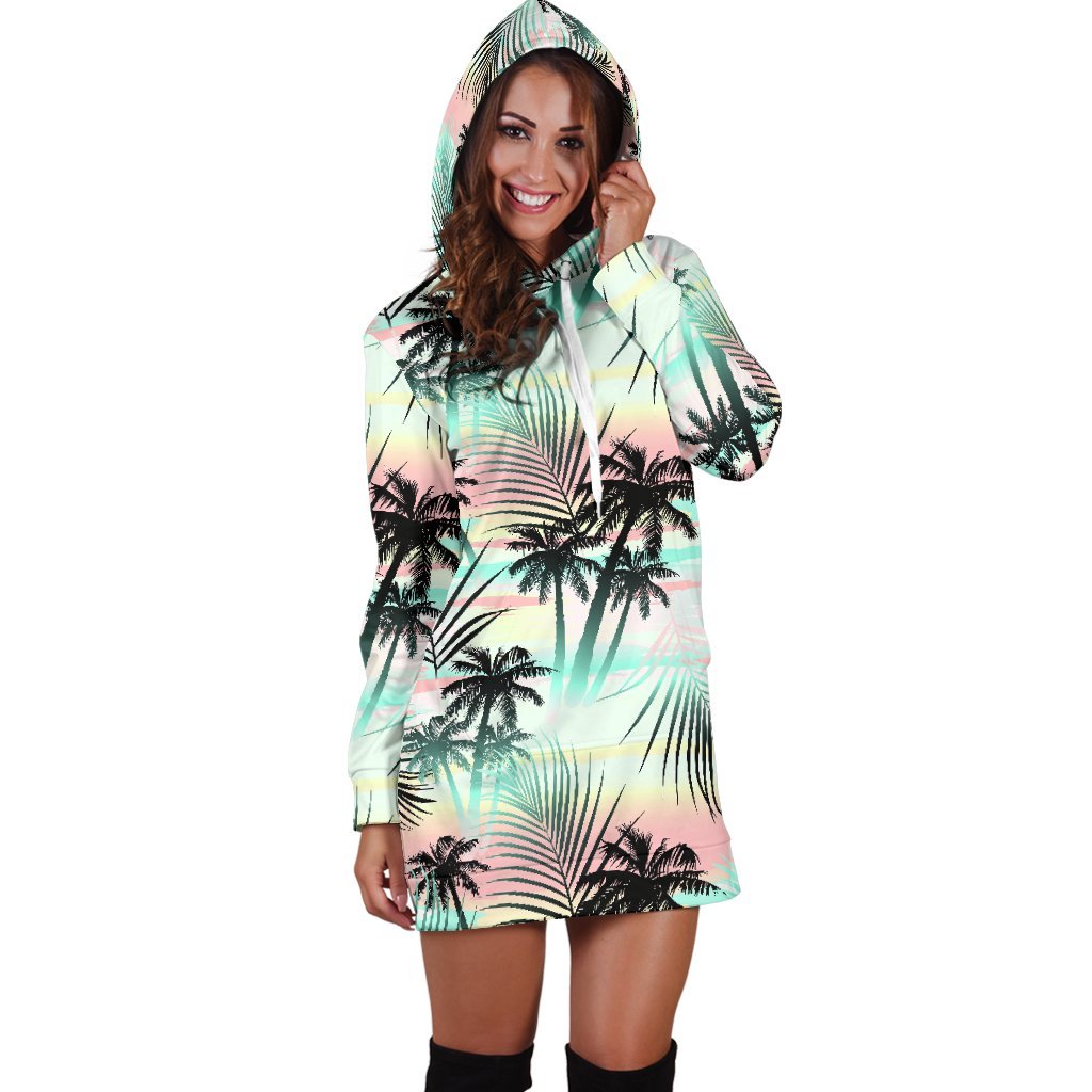 Pastel Palm Tree Pattern Print Hoodie Dress GearFrost