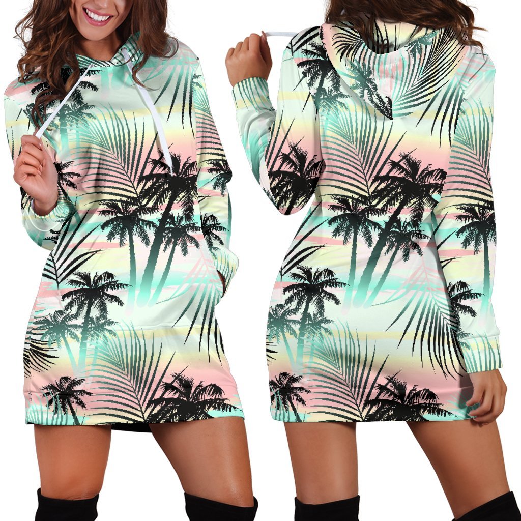 Pastel Palm Tree Pattern Print Hoodie Dress GearFrost