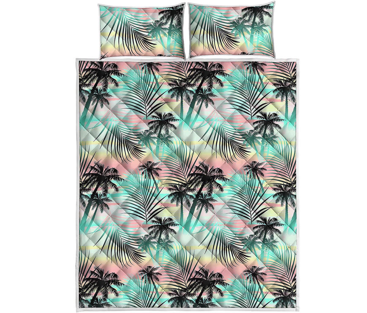 Pastel Palm Tree Pattern Print Quilt Bed Set