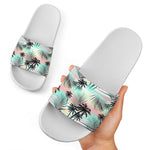 Pastel Palm Tree Pattern Print White Slide Sandals