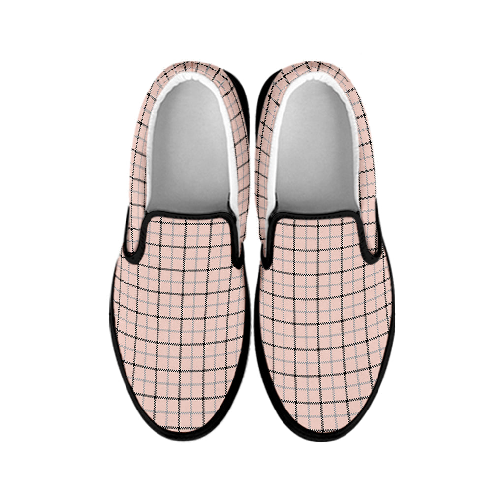 Pastel Pink And Black Tattersall Print Black Slip On Shoes