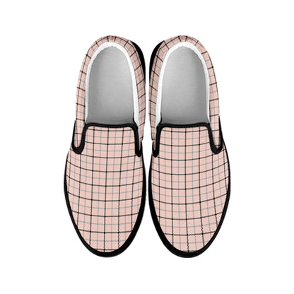 Pastel Pink And Black Tattersall Print Black Slip On Shoes