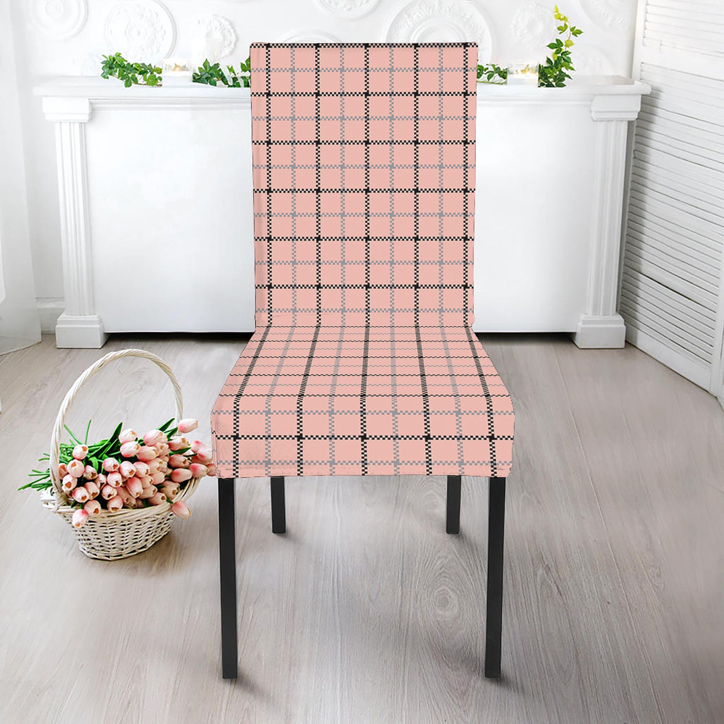 Pastel Pink And Black Tattersall Print Dining Chair Slipcover