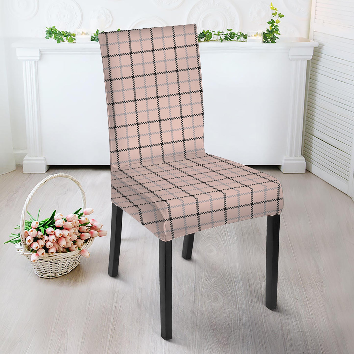 Pastel Pink And Black Tattersall Print Dining Chair Slipcover