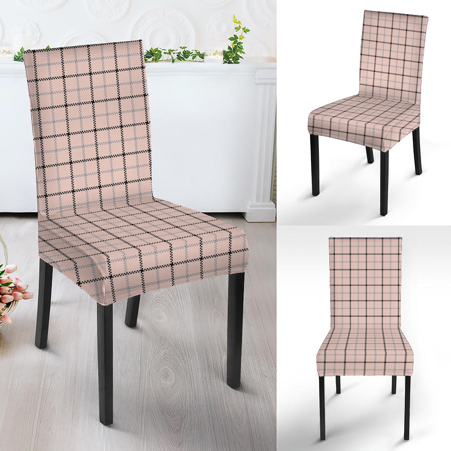 Pastel Pink And Black Tattersall Print Dining Chair Slipcover