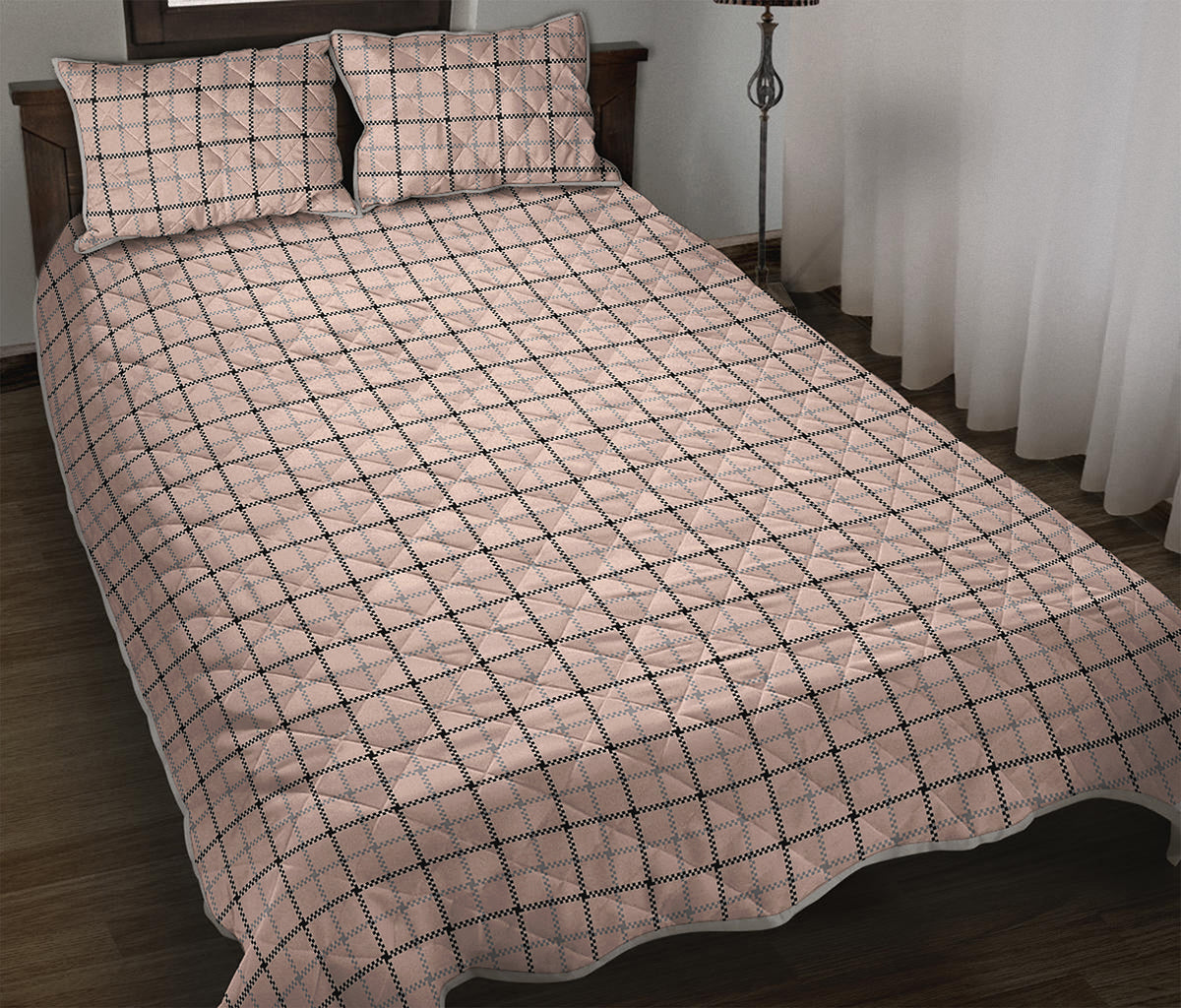 Pastel Pink And Black Tattersall Print Quilt Bed Set