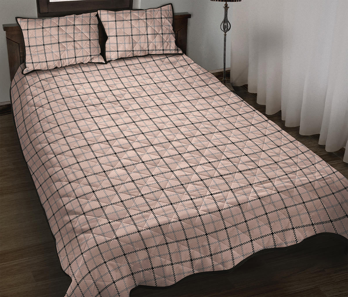 Pastel Pink And Black Tattersall Print Quilt Bed Set