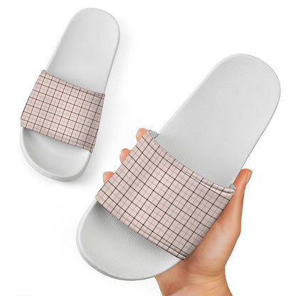 Pastel Pink And Black Tattersall Print White Slide Sandals